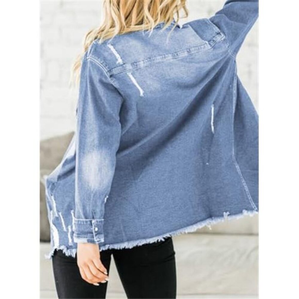 Women's Oversized Denim Jacket Casual Long Sleeve Denim Shirts - Picture 2 of 7